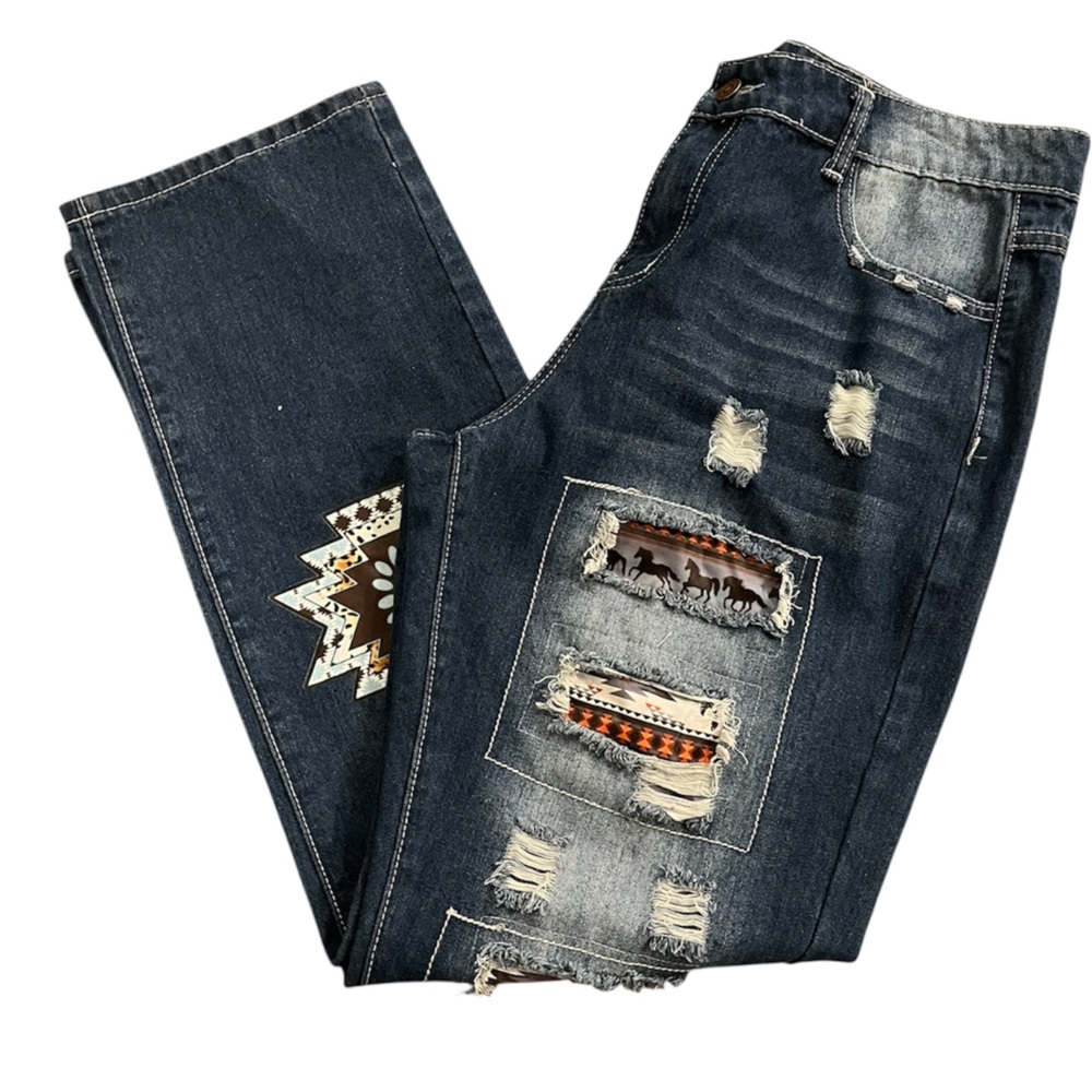 Distressed Unique Patchwork Bootcut Western Jeans… - image 1